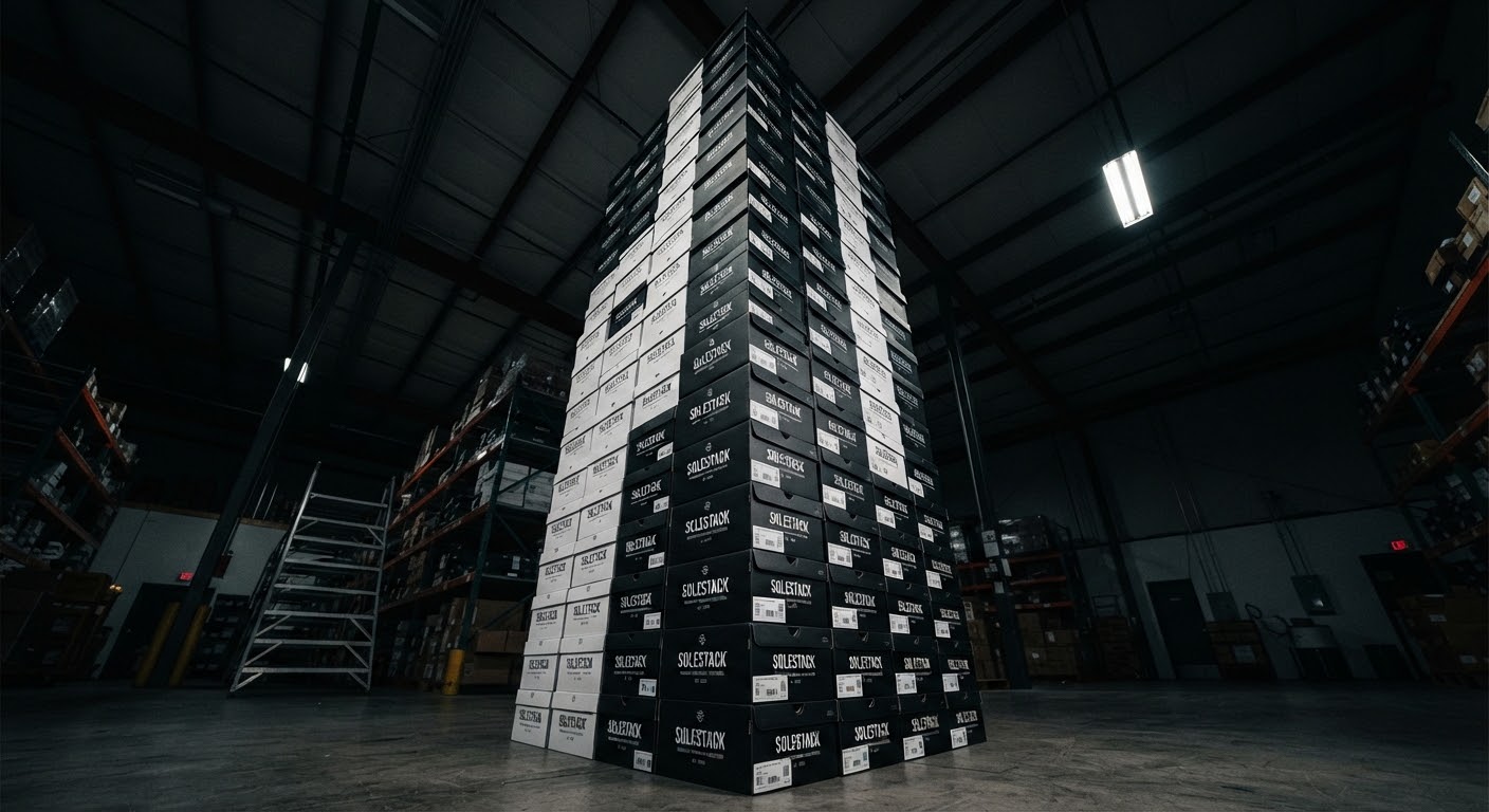 A towering stack of shoeboxes in a dim warehouse